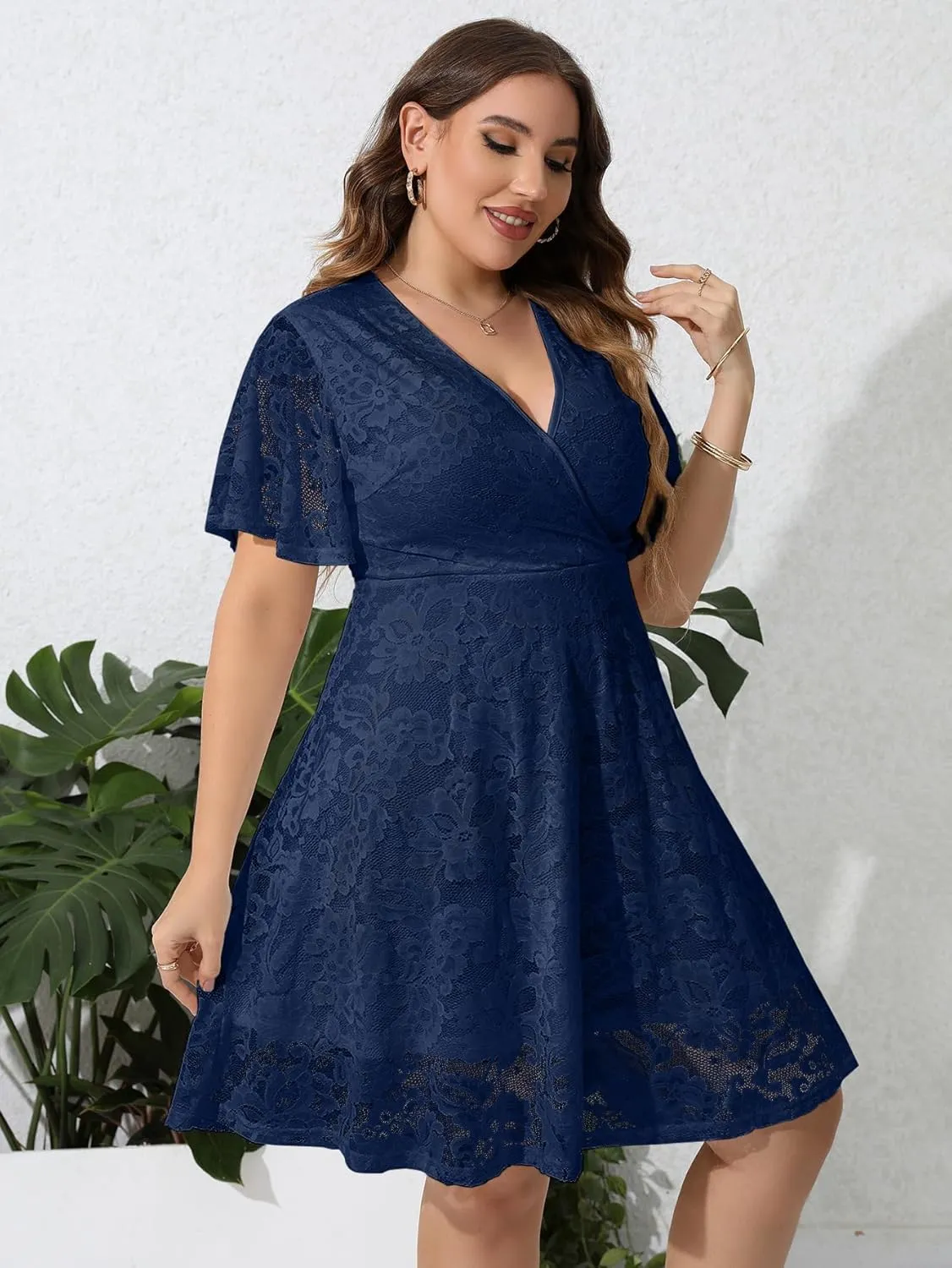 SCOMCHIC Women Plus Size Lace Cocktail Dresses Summer Wrap V Neck Short Sleeve Flowy A Line Wedding Guest Midi Dress