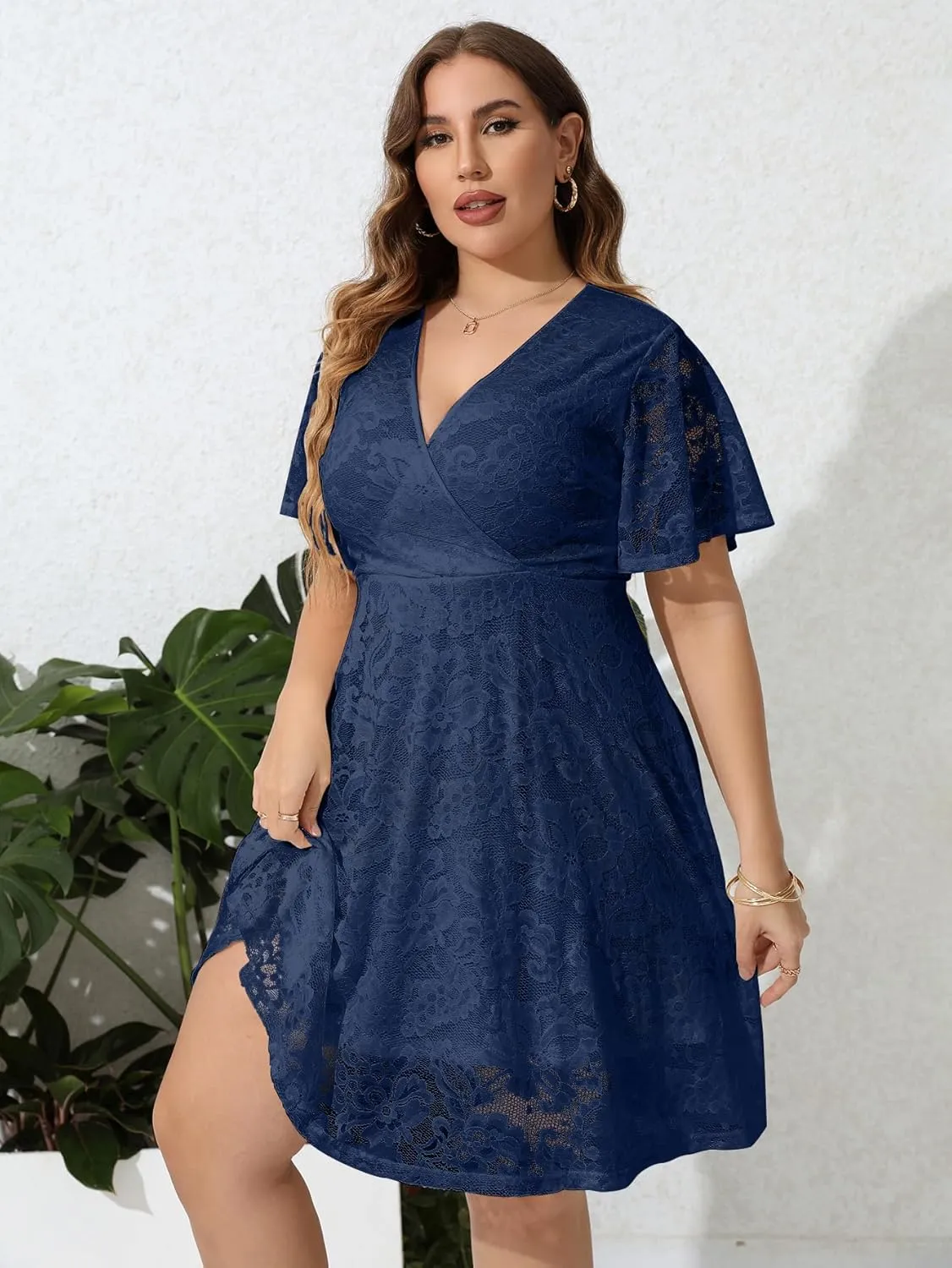 SCOMCHIC Women Plus Size Lace Cocktail Dresses Summer Wrap V Neck Short Sleeve Flowy A Line Wedding Guest Midi Dress