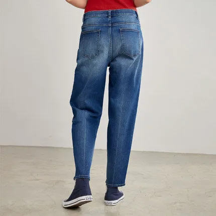 STELLABLU-Women's retro washed casual jeans tapered adjustable waistband nine-quarter jeans