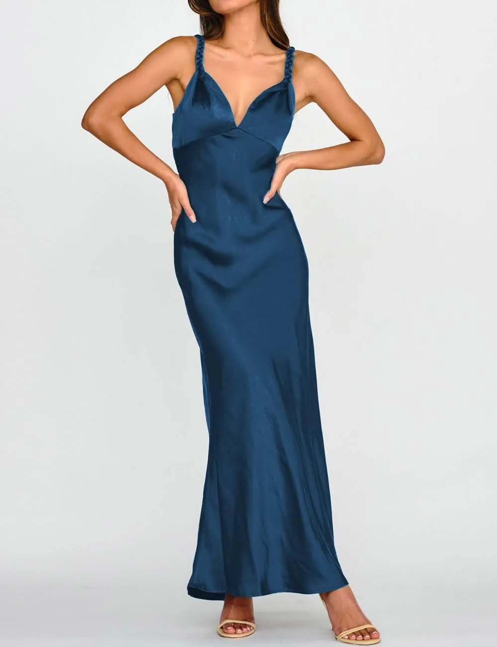 Summer Satin Braided Spaghetti Strap V Neck Maxi Dress for Women Elegant Silk Sleeveless Backless Midi Prom Dress