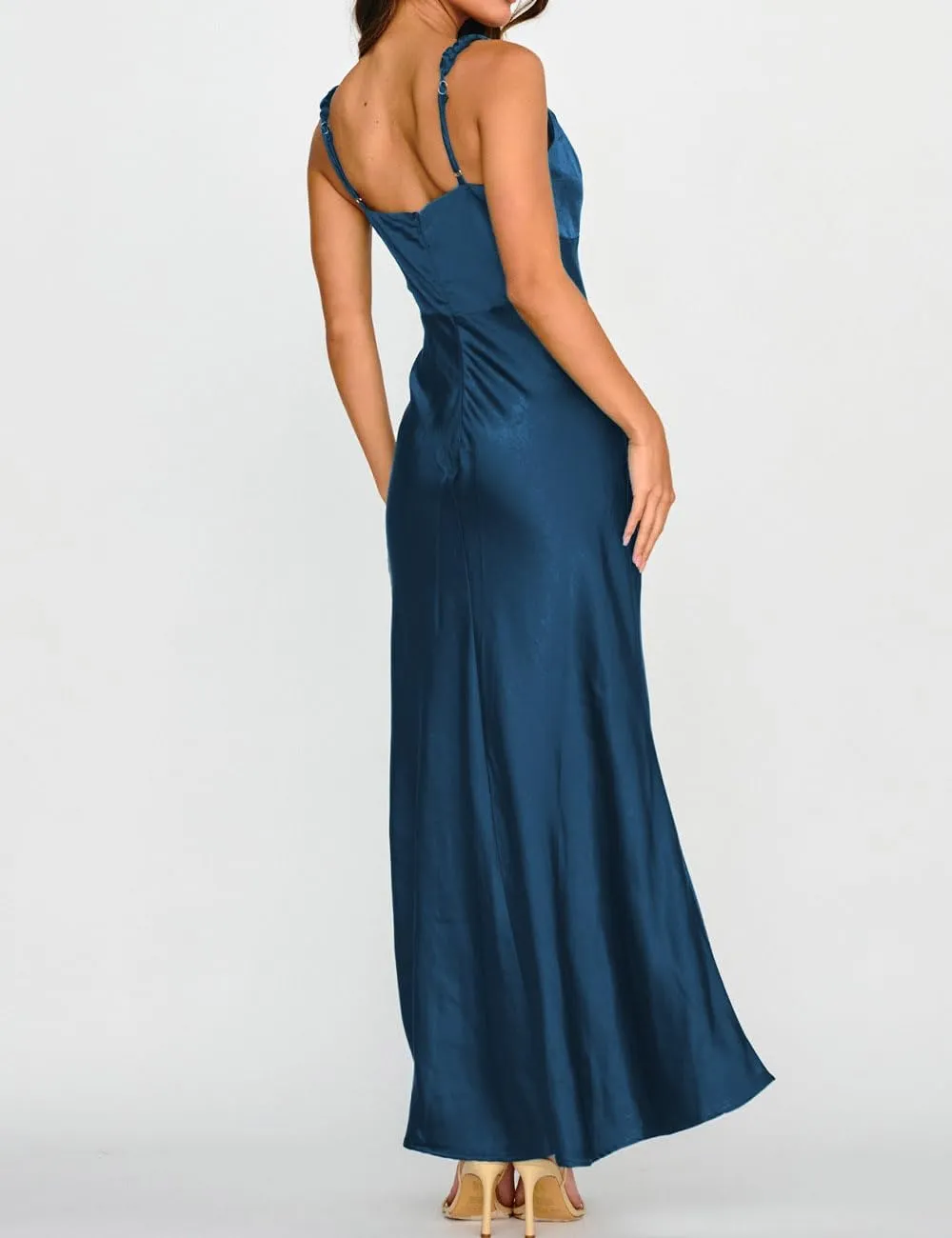 Summer Satin Braided Spaghetti Strap V Neck Maxi Dress for Women Elegant Silk Sleeveless Backless Midi Prom Dress