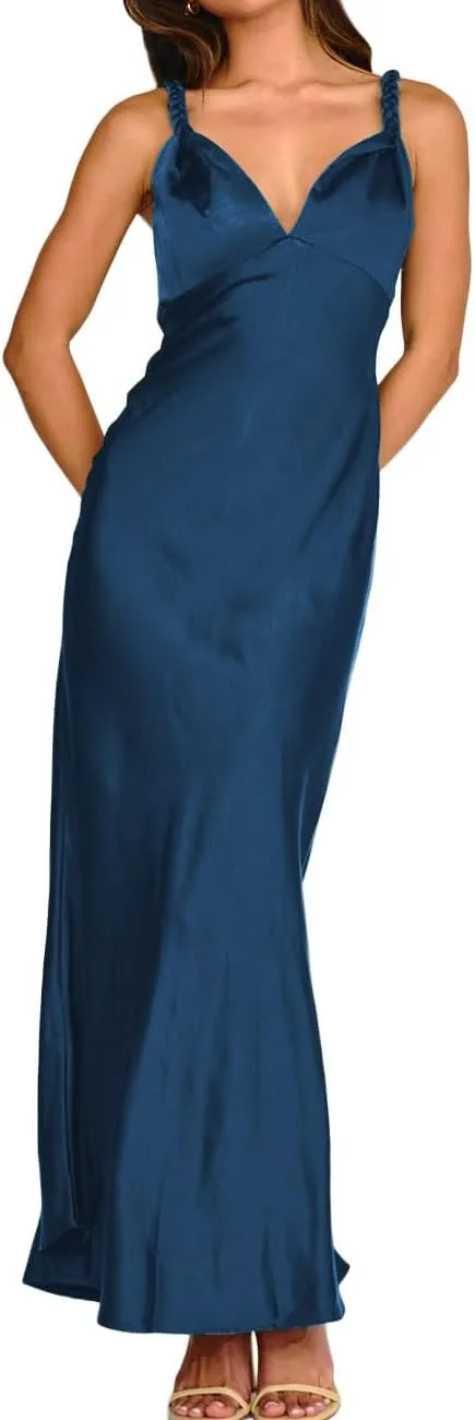 Summer Satin Braided Spaghetti Strap V Neck Maxi Dress for Women Elegant Silk Sleeveless Backless Midi Prom Dress