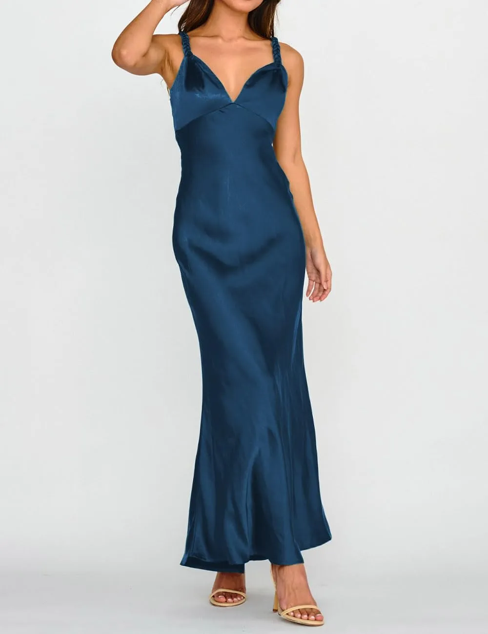 Summer Satin Braided Spaghetti Strap V Neck Maxi Dress for Women Elegant Silk Sleeveless Backless Midi Prom Dress