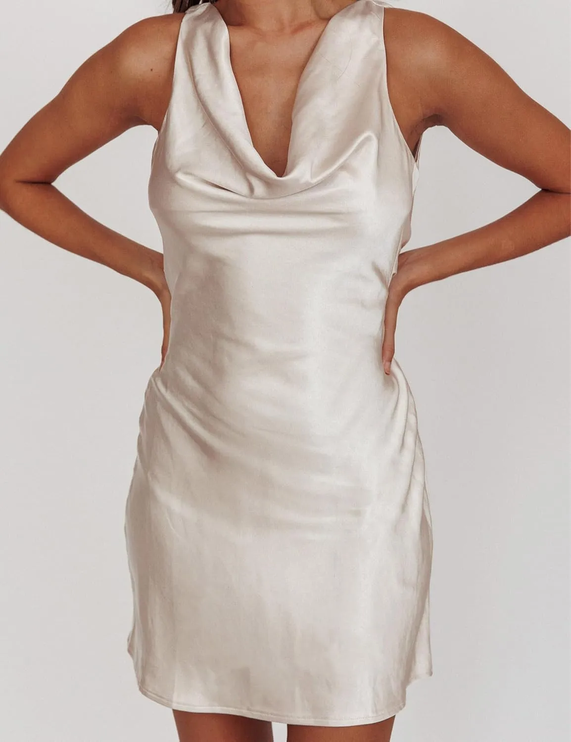 Summer Women Satin Backless Cowl Neck Mini Dress Silk Sleeveless Sexy Short Cocktail Party Dresses for Women 2025
