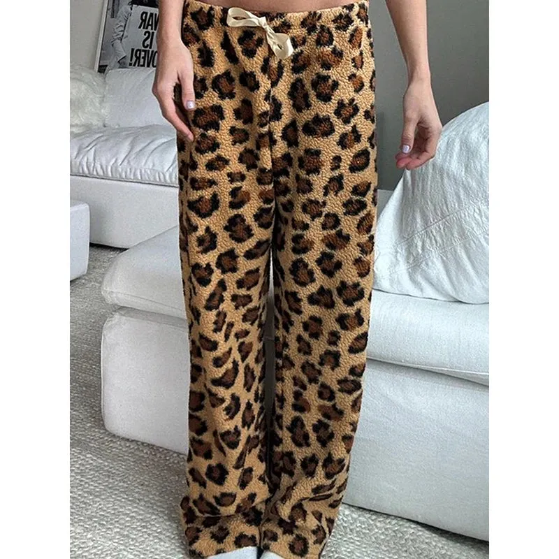 TAVIMART  -  Vintage Casual Leopard Printed Wide Leg Pants Loose Furry Mid-Waisted Straight Pants Women Autumn Winter Fashion Streetwear
