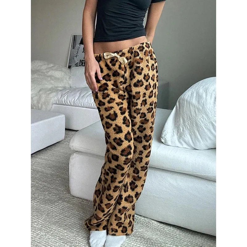 TAVIMART  -  Vintage Casual Leopard Printed Wide Leg Pants Loose Furry Mid-Waisted Straight Pants Women Autumn Winter Fashion Streetwear