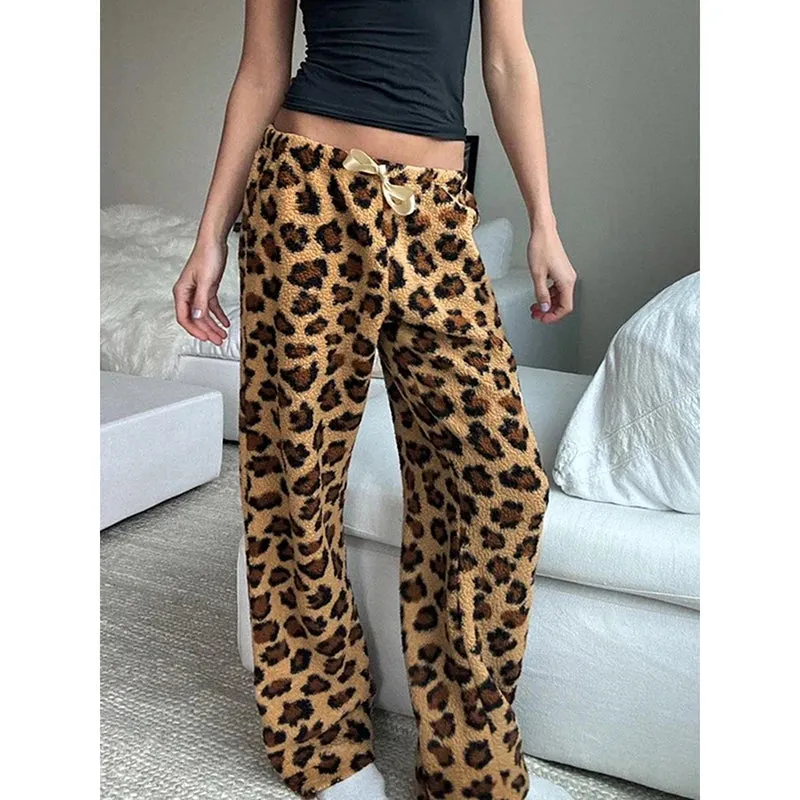 TAVIMART  -  Vintage Casual Leopard Printed Wide Leg Pants Loose Furry Mid-Waisted Straight Pants Women Autumn Winter Fashion Streetwear