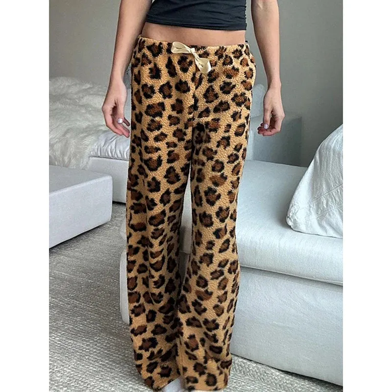 TAVIMART  -  Vintage Casual Leopard Printed Wide Leg Pants Loose Furry Mid-Waisted Straight Pants Women Autumn Winter Fashion Streetwear