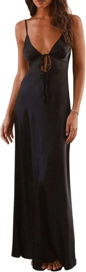 UAURORAO Women Tie Front Floral Maxi Dress Spaghetti Strap V Neck Cut Out Long Dress with Bow Wedding Guest Party Gown