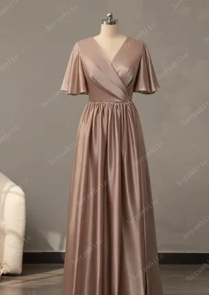 V-Neck Long Short Sleeve Silk Satin Bridesmaid Dress