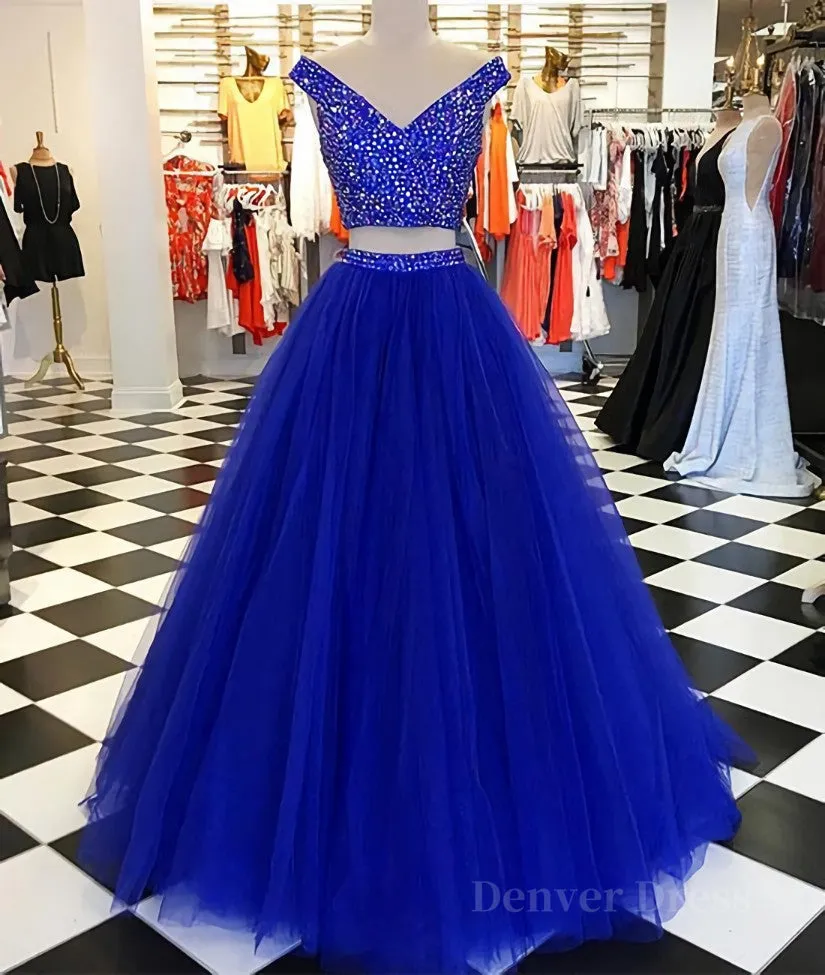 V Neck Off Shoulder 2 Pieces Beads Blue Tulle Long Prom Dress Blue 2 Pieces Ball Gown Evening Dress