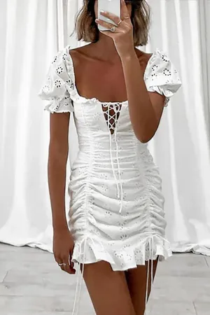 White Cutout Drawstring Short Dress