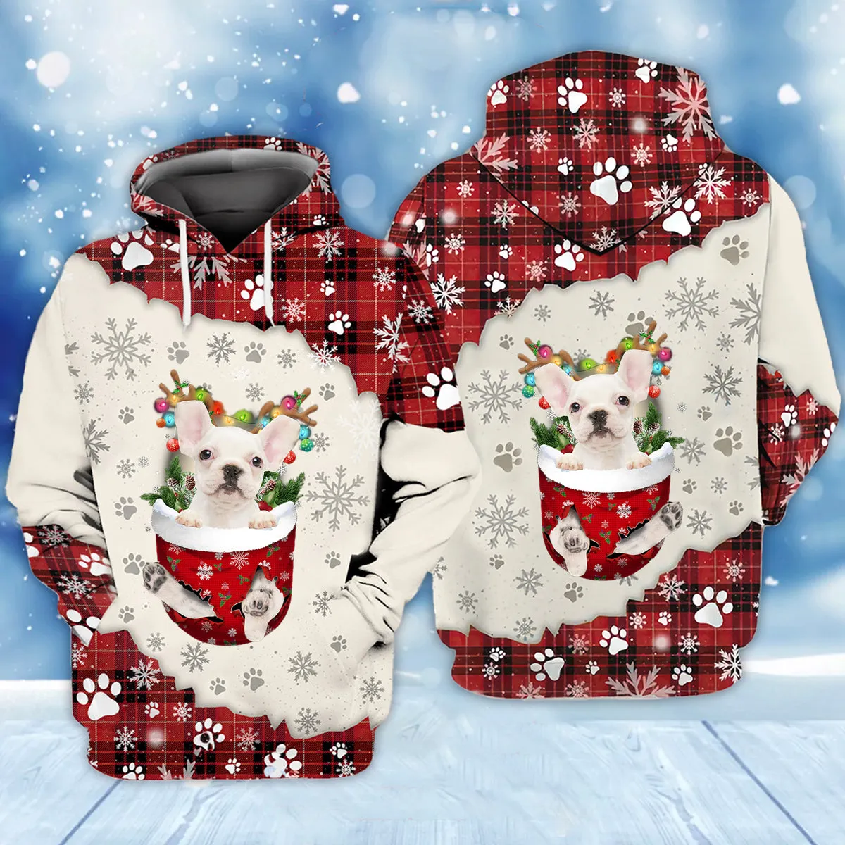 WHITE French Bulldog In Snow Pocket Merry Christmas Unisex Hoodie