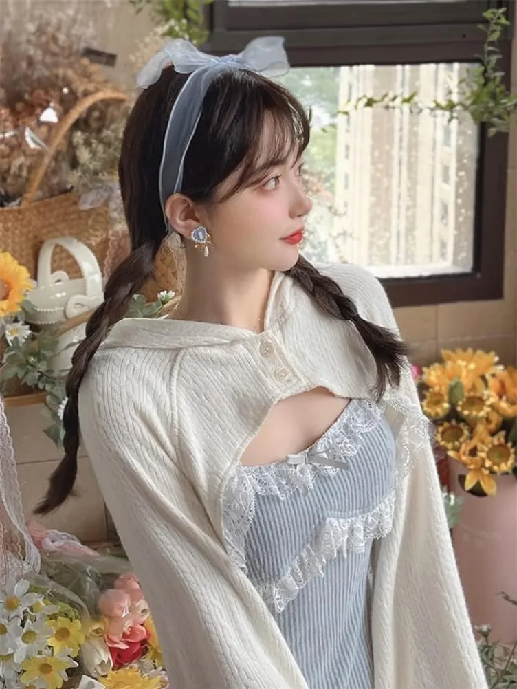 Women Japanese Lolita Sweet Lace Bow Kawaii Party Spaghetti Straps Mini Knitted Dress