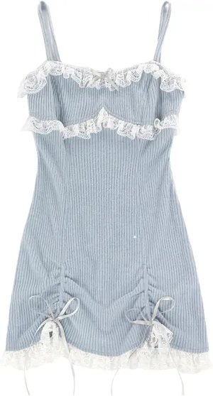 Women Japanese Lolita Sweet Lace Bow Kawaii Party Spaghetti Straps Mini Knitted Dress