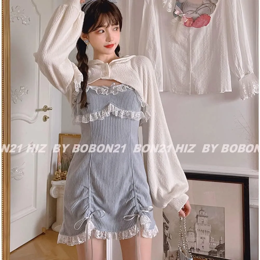 Women Japanese Lolita Sweet Lace Bow Kawaii Party Spaghetti Straps Mini Knitted Dress