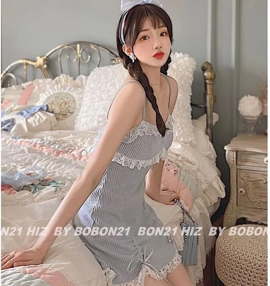 Women Japanese Lolita Sweet Lace Bow Kawaii Party Spaghetti Straps Mini Knitted Dress