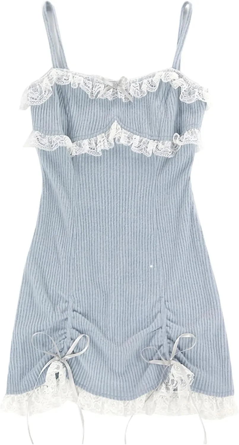 Women Japanese Lolita Sweet Lace Bow Kawaii Party Spaghetti Straps Mini Knitted Dress