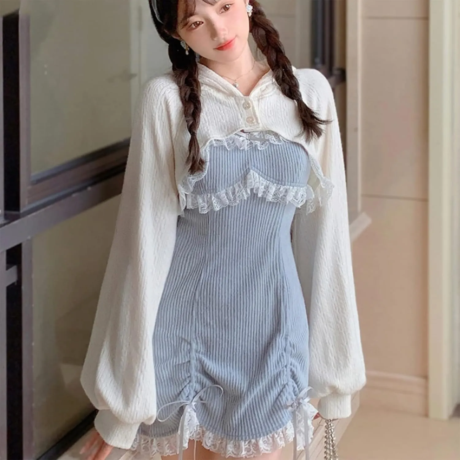 Women Japanese Lolita Sweet Lace Bow Kawaii Party Spaghetti Straps Mini Knitted Dress