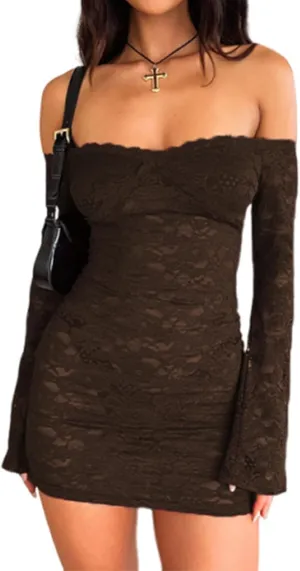 Women Sexy Off Shoulder Floral Lace Bodycon Mini Dress Y2K Flared Sleeves Short Dress Mesh Sheer Night Out Dresses