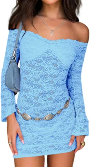 Women Sexy Off Shoulder Floral Lace Bodycon Mini Dress Y2K Flared Sleeves Short Dress Mesh Sheer Night Out Dresses