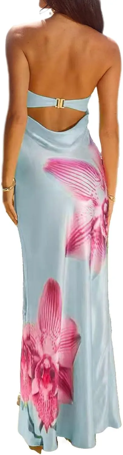 Women Strapless Floral Maxi Dress Sexy Sleeveless Backless Off Shoulder Long Summer Dress 2025