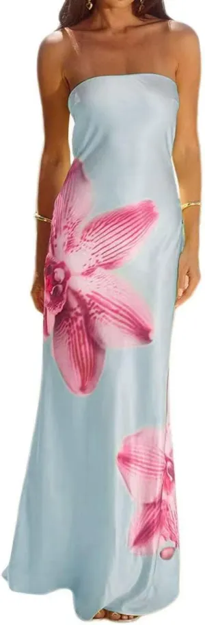 Women Strapless Floral Maxi Dress Sexy Sleeveless Backless Off Shoulder Long Summer Dress 2025