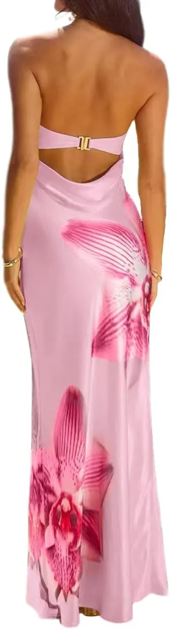 Women Strapless Floral Maxi Dress Sexy Sleeveless Backless Off Shoulder Long Summer Dress 2025