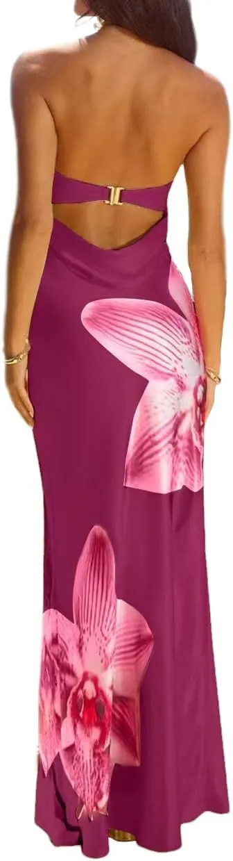 Women Strapless Floral Maxi Dress Sexy Sleeveless Backless Off Shoulder Long Summer Dress 2025