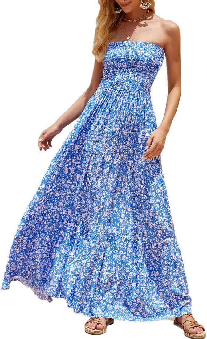 Women's Casual Off Shoulder Maxi Dress Strapless Tube Top Bohemian Beach Long Dresses 092