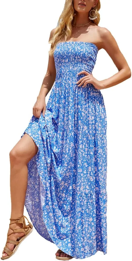 Women's Casual Off Shoulder Maxi Dress Strapless Tube Top Bohemian Beach Long Dresses 092