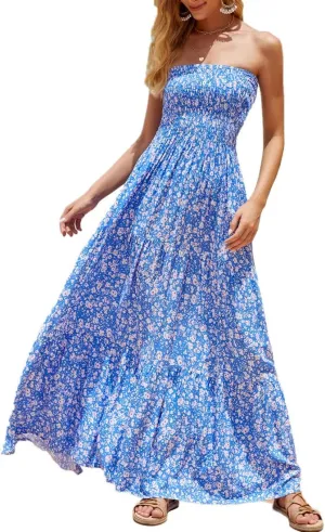 Women's Casual Off Shoulder Maxi Dress Strapless Tube Top Bohemian Beach Long Dresses 092