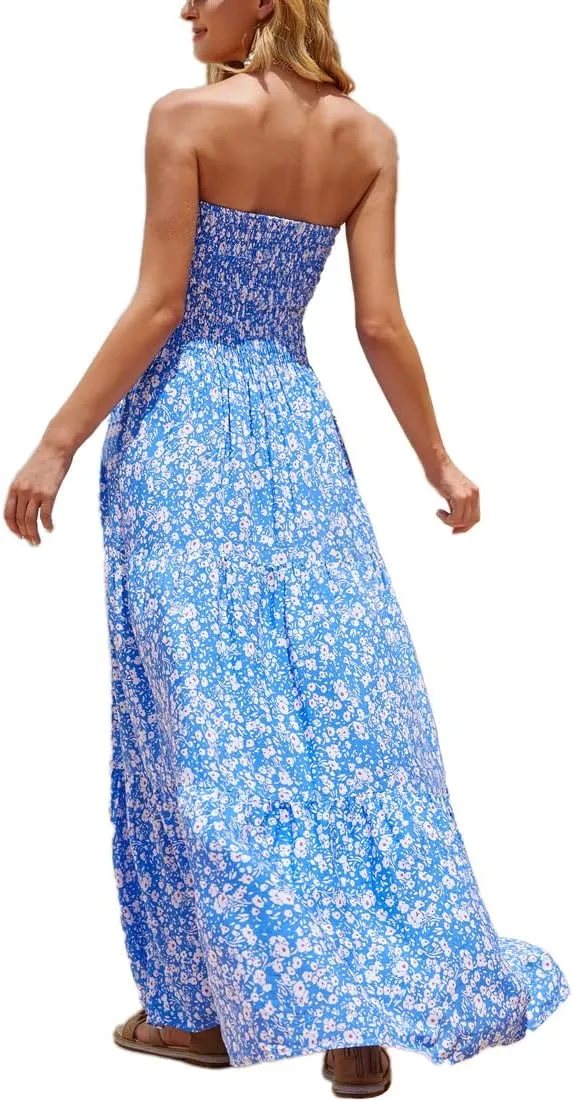 Women's Casual Off Shoulder Maxi Dress Strapless Tube Top Bohemian Beach Long Dresses 092