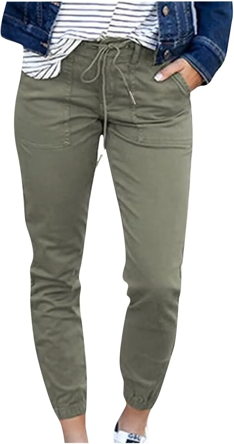 Womens Dressy Casual Slim Fit Tapered Cargo Pants Skinny High Waist Lightweight Pull On Pants with Pockets for Work