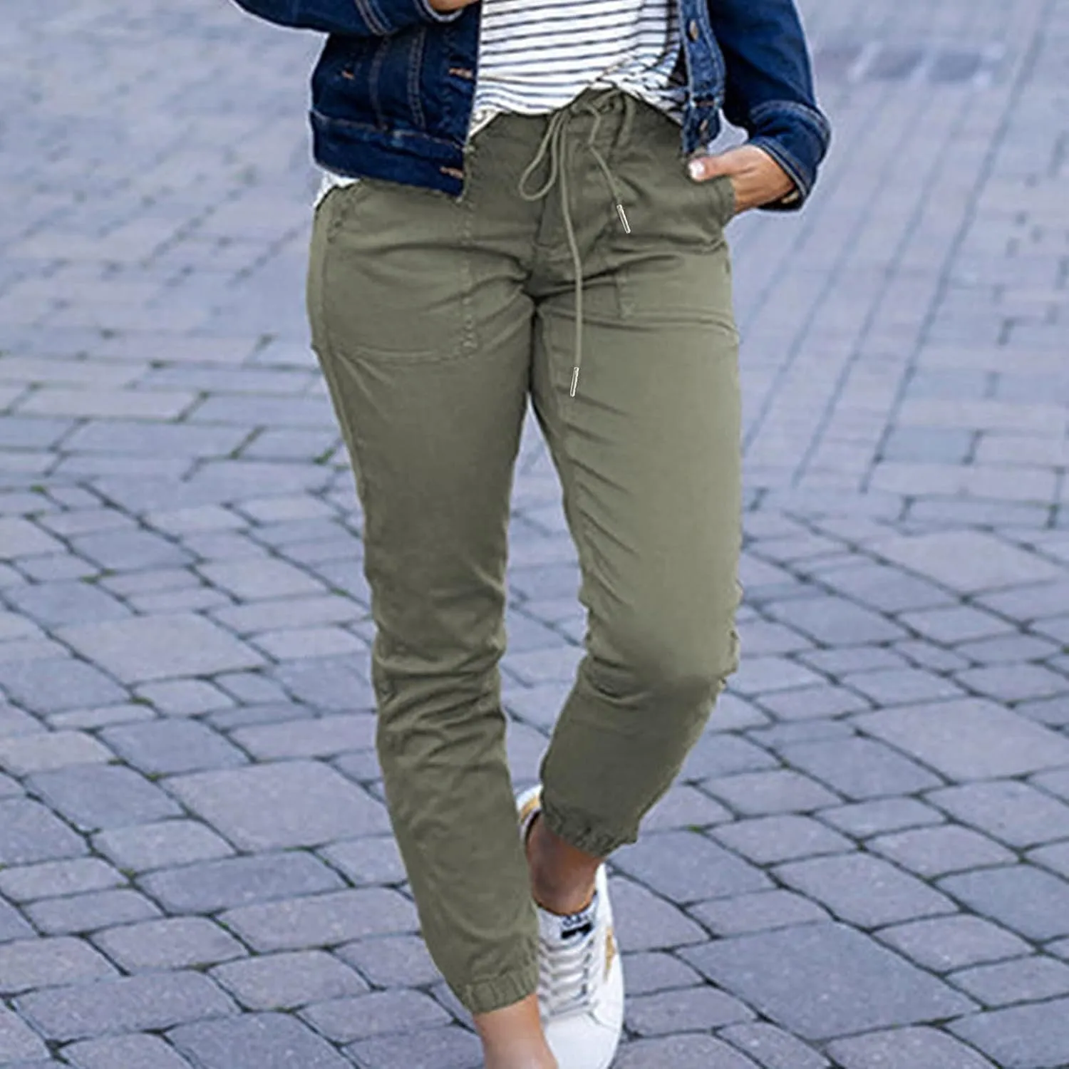 Womens Dressy Casual Slim Fit Tapered Cargo Pants Skinny High Waist Lightweight Pull On Pants with Pockets for Work