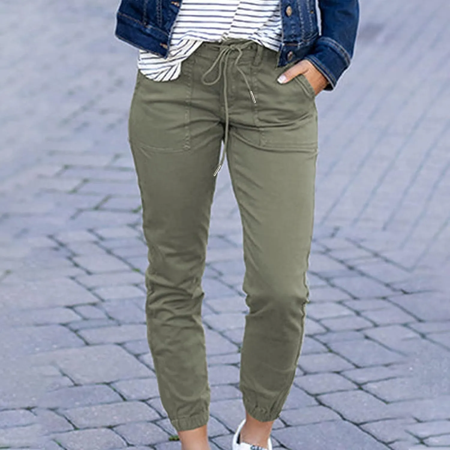 Womens Dressy Casual Slim Fit Tapered Cargo Pants Skinny High Waist Lightweight Pull On Pants with Pockets for Work