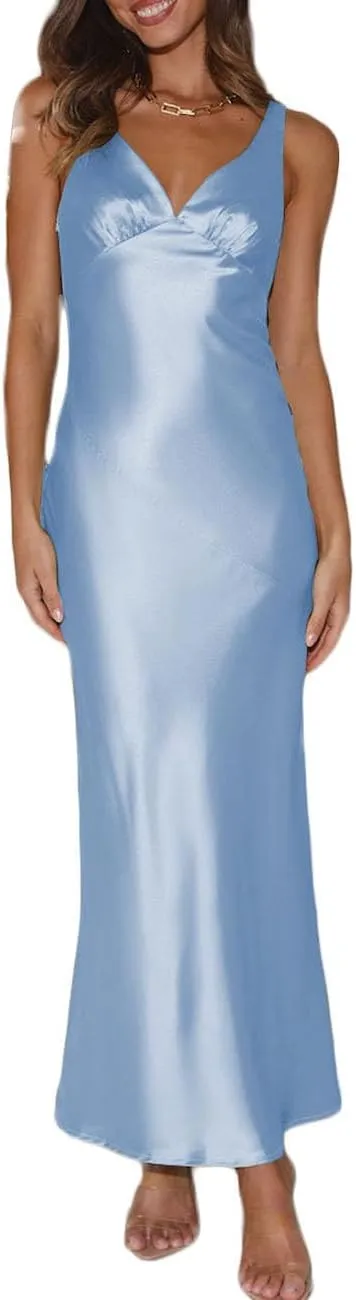 Womens Elegant Satin V Neck Backless Sleeveless Maxi Dress Silk Tie Low Back Formal Cocktail Dresses Wedding Guest