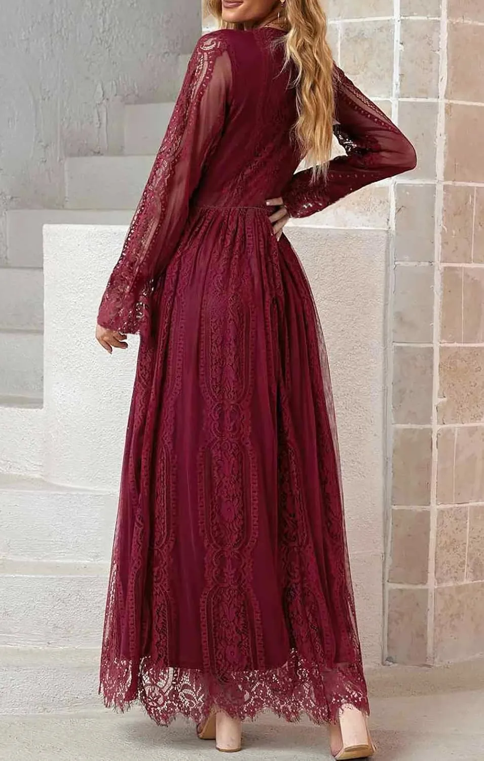 Women's Fall Lace Maxi Wedding Dress Long Sleeve V Neck Flowy A Line Cocktail Formal Party Dress Spring