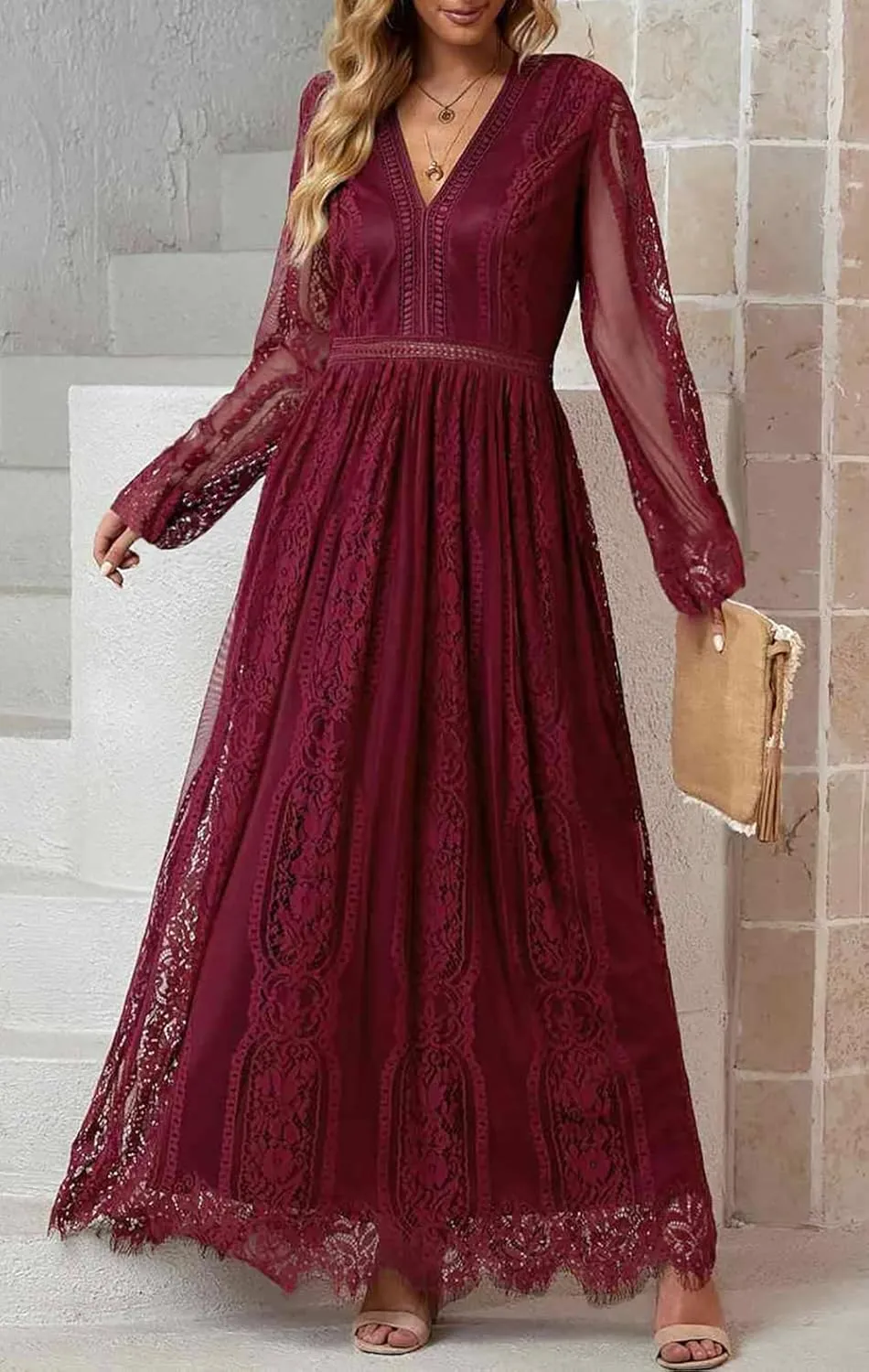 Women's Fall Lace Maxi Wedding Dress Long Sleeve V Neck Flowy A Line Cocktail Formal Party Dress Spring