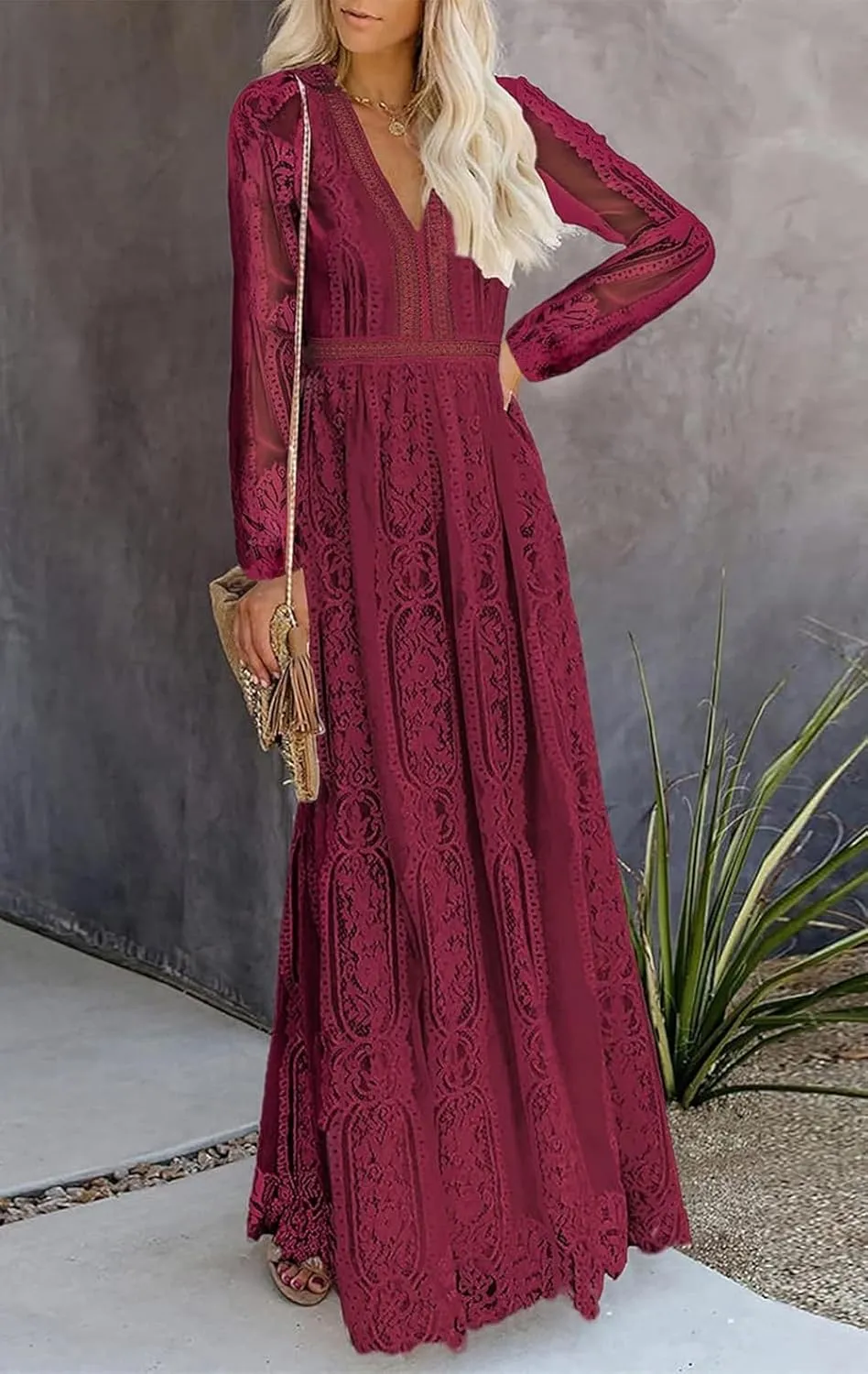 Women's Fall Lace Maxi Wedding Dress Long Sleeve V Neck Flowy A Line Cocktail Formal Party Dress Spring