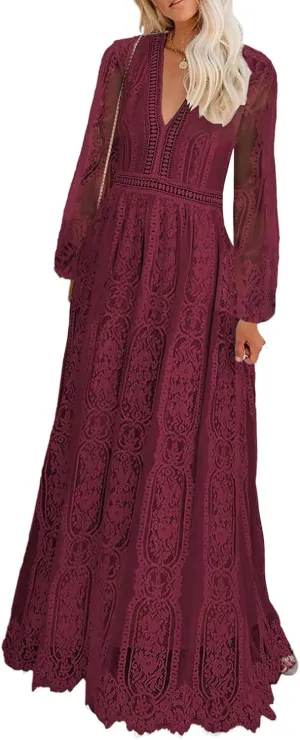 Women's Fall Lace Maxi Wedding Dress Long Sleeve V Neck Flowy A Line Cocktail Formal Party Dress Spring