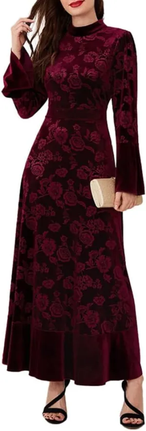 Women's Fall Winter Dress Long Sleeve Velvet Long Maxi Dress with Belt Party Dress Flowy A Line Wedding Guest Dress