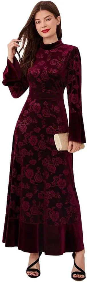Women's Fall Winter Dress Long Sleeve Velvet Long Maxi Dress with Belt Party Dress Flowy A Line Wedding Guest Dress