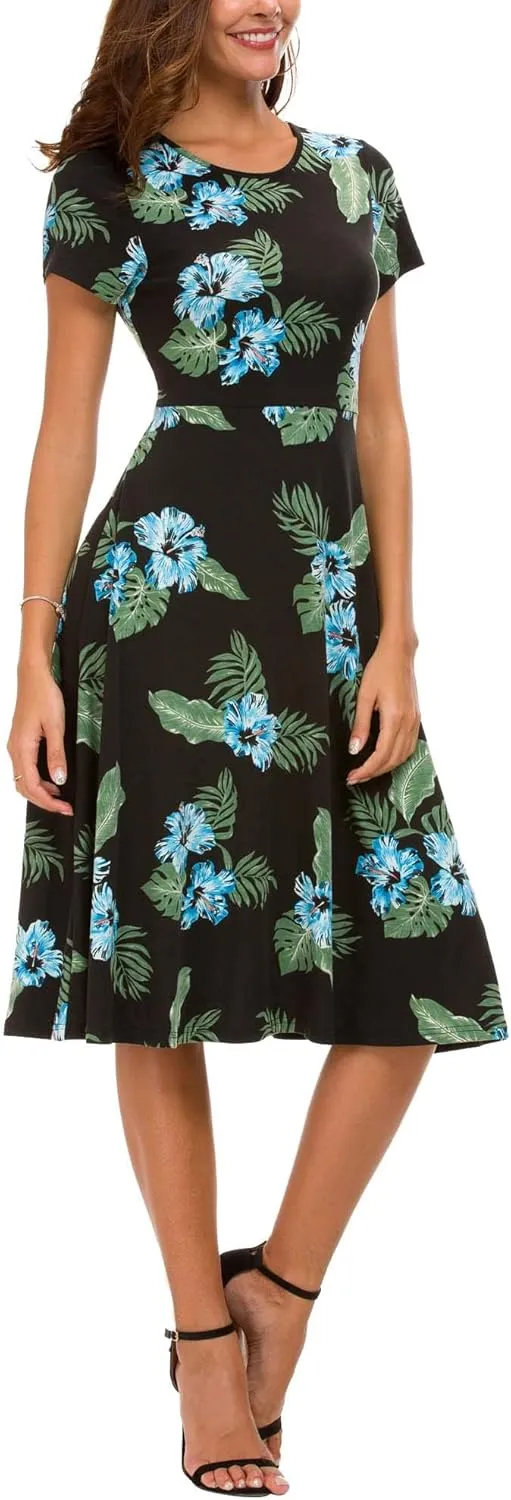 Women's Floral Printed Dress High Waist Midi Dress Short Sleeve