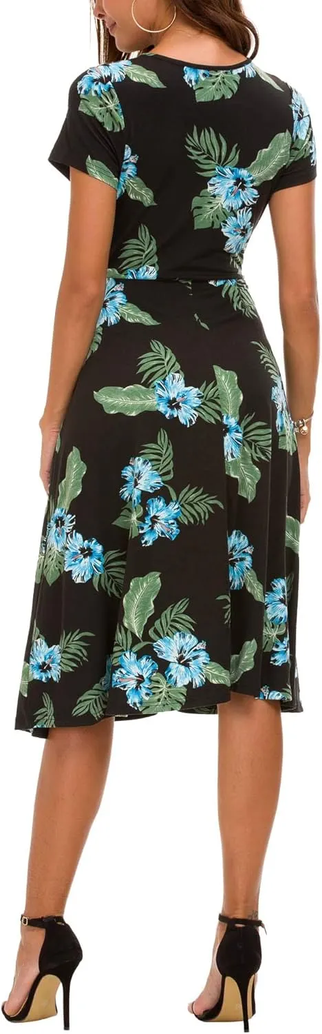 Women's Floral Printed Dress High Waist Midi Dress Short Sleeve