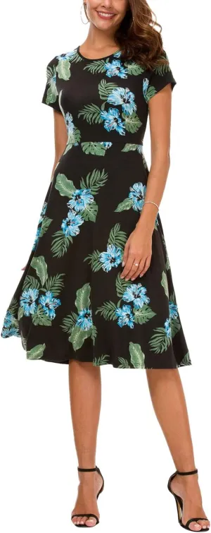 Women's Floral Printed Dress High Waist Midi Dress Short Sleeve