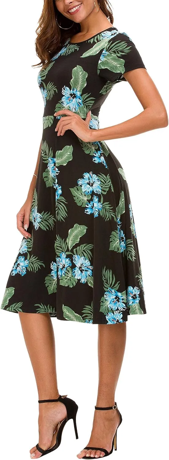 Women's Floral Printed Dress High Waist Midi Dress Short Sleeve
