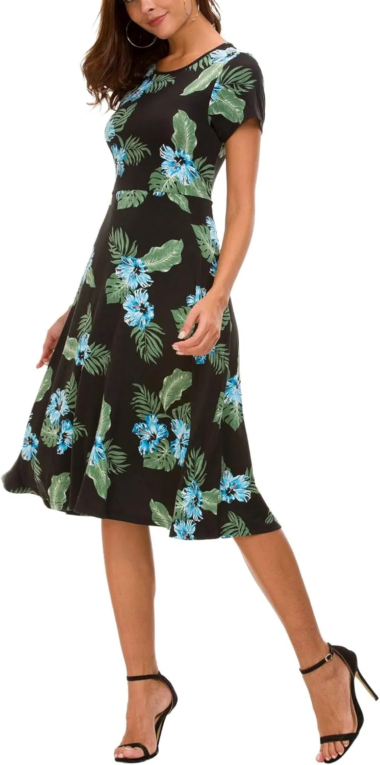 Women's Floral Printed Dress High Waist Midi Dress Short Sleeve