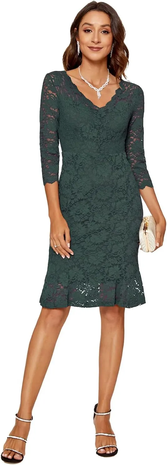 Womens Lace Floral Overlay Sexy V Neck Evening Cocktail Party Mermaid Bodycon Dresses