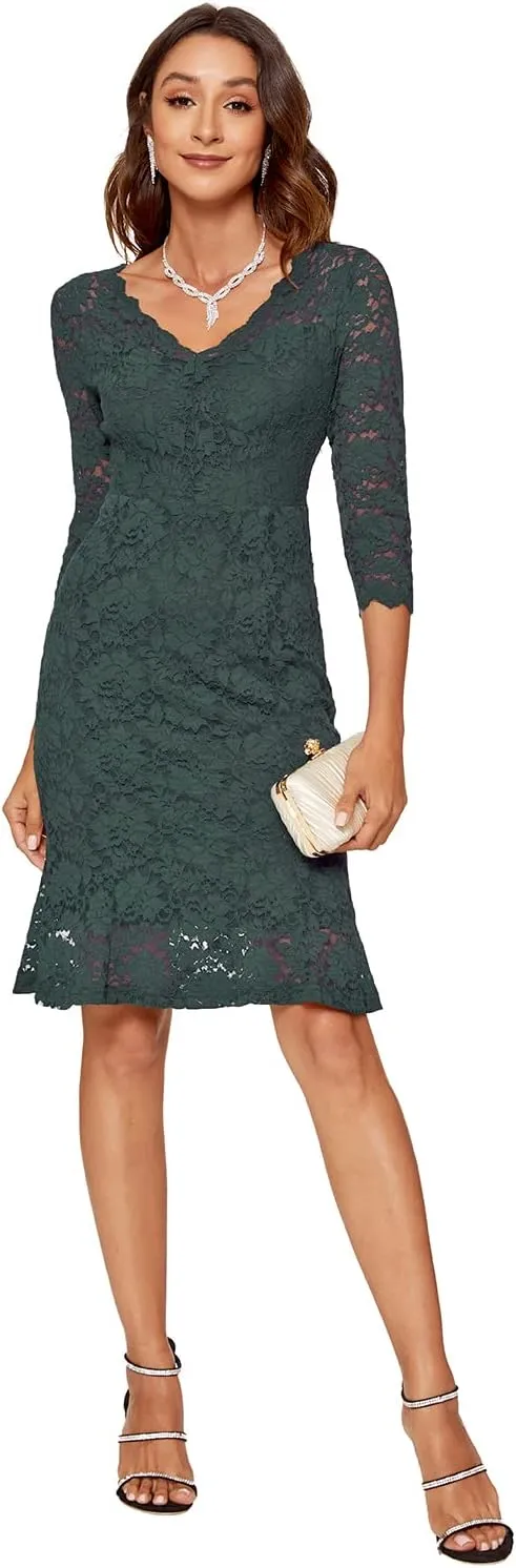 Womens Lace Floral Overlay Sexy V Neck Evening Cocktail Party Mermaid Bodycon Dresses